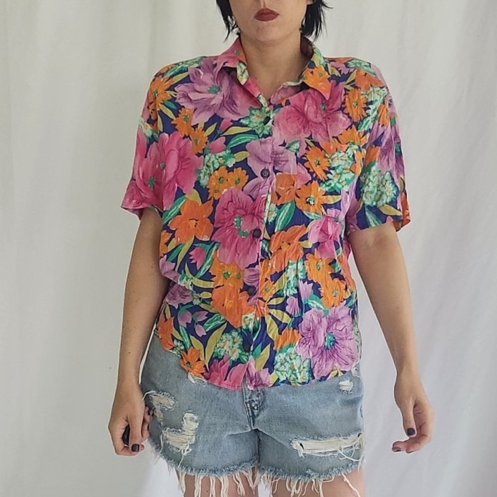 90s Pink and Orange Tropical Floral Button Down